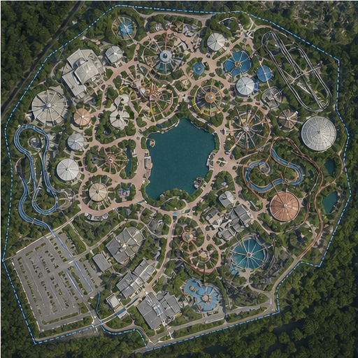 Mapa interactivo de un parque con atracciones, rutas y servicios
