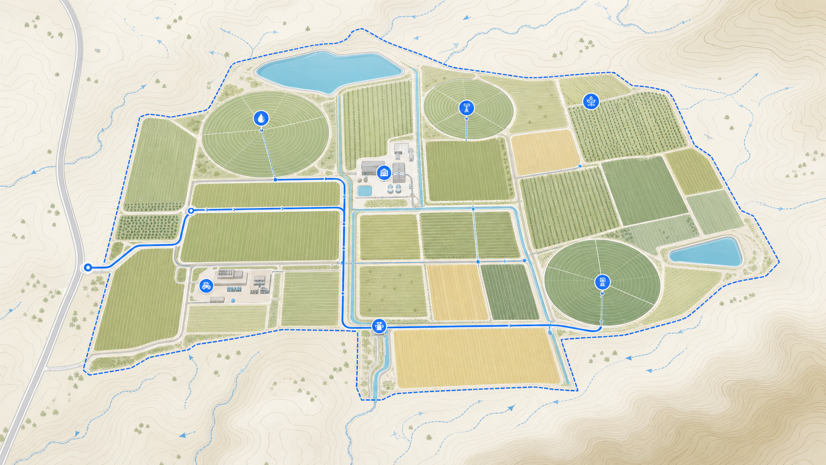 Mapa vectorial de una operación agrícola con predios, cultivos, riego e infraestructura