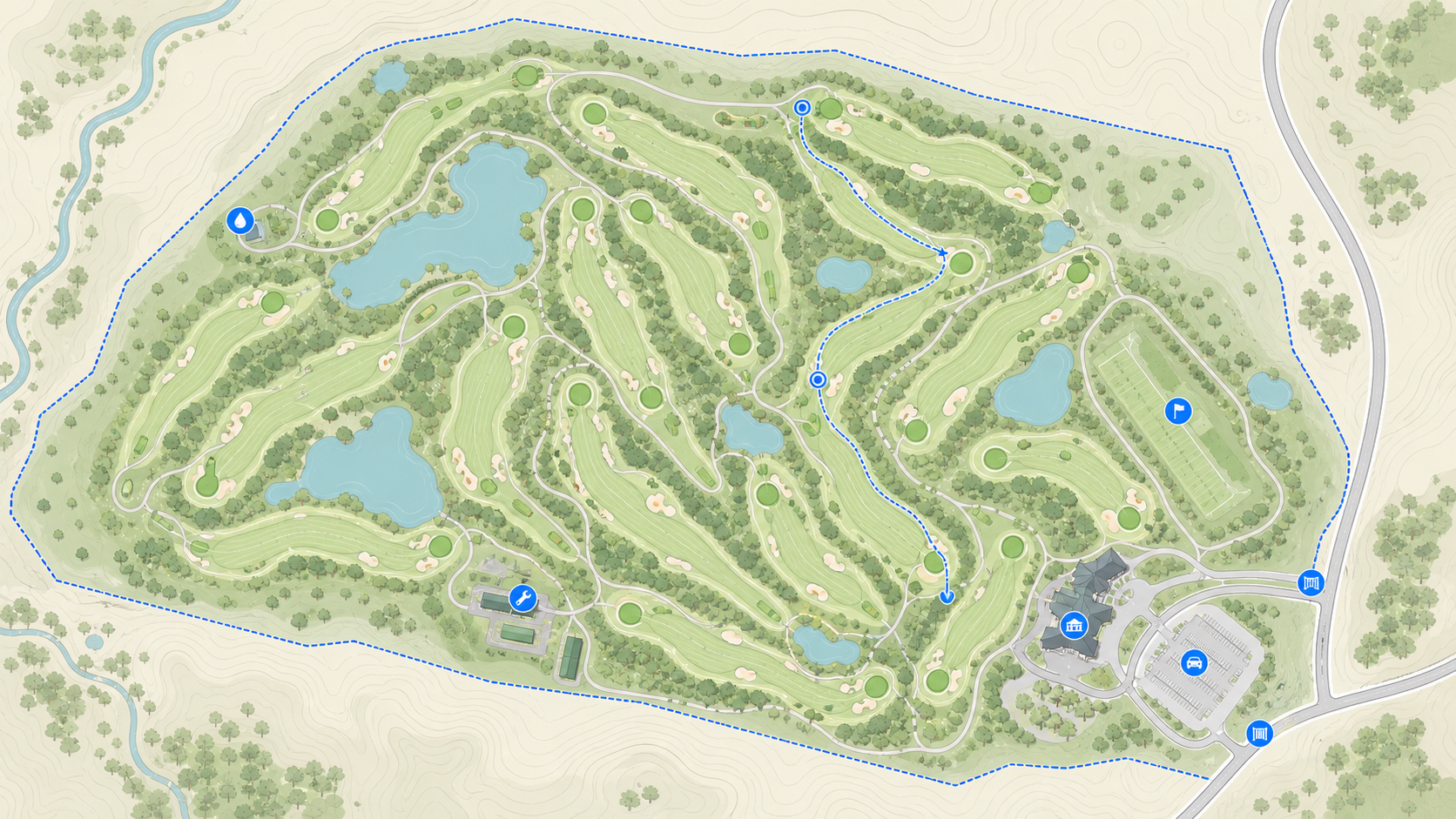 Mapa vectorial de un campo de golf completo con hoyos, lagos, rutas y servicios