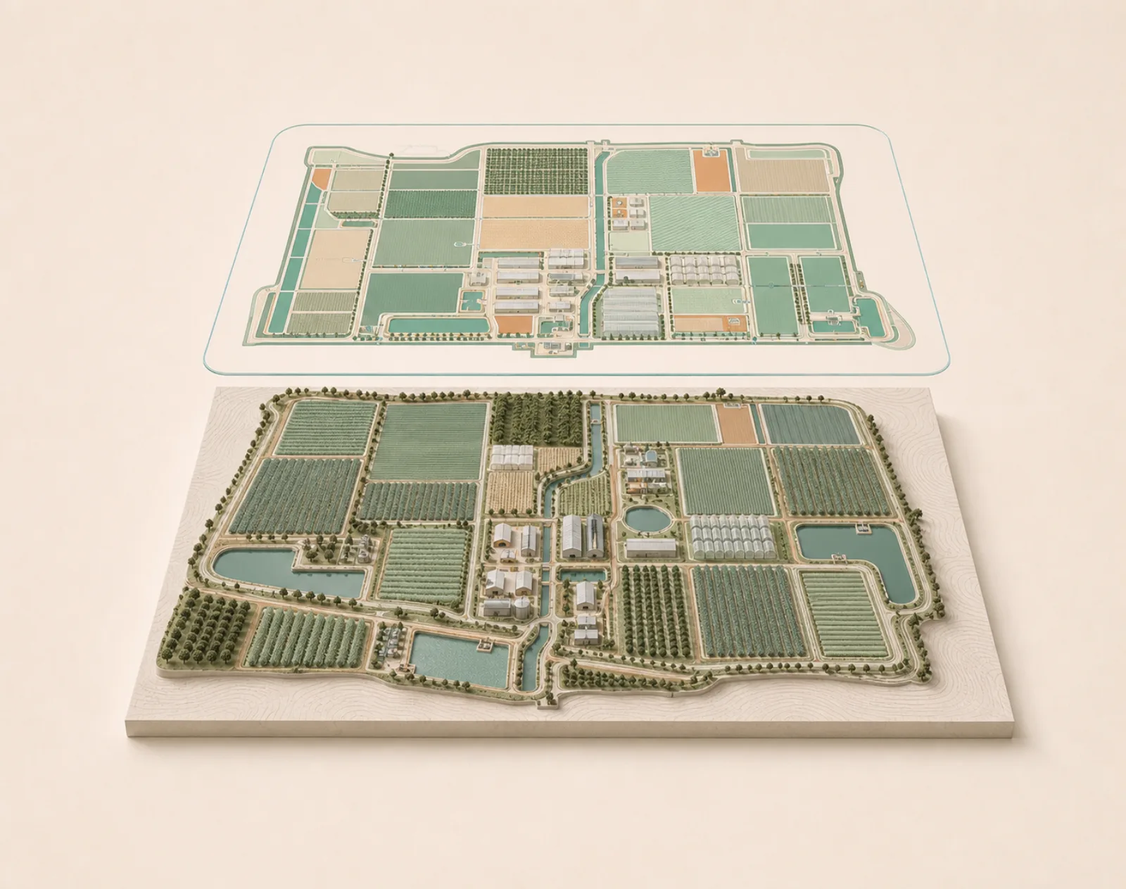 Mapa vectorial de una operación agrícola con predios, cultivos, riego e infraestructura