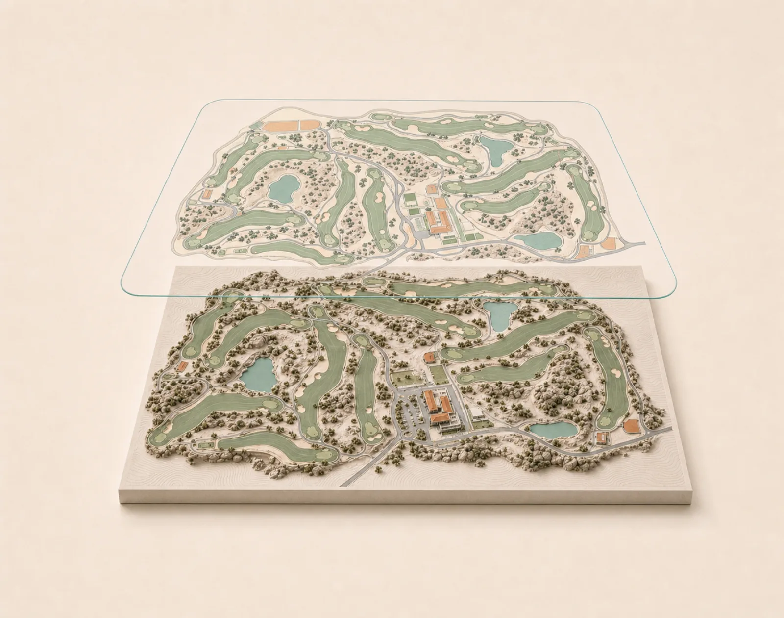 Mapa vectorial de un campo de golf completo con hoyos, lagos, rutas y servicios