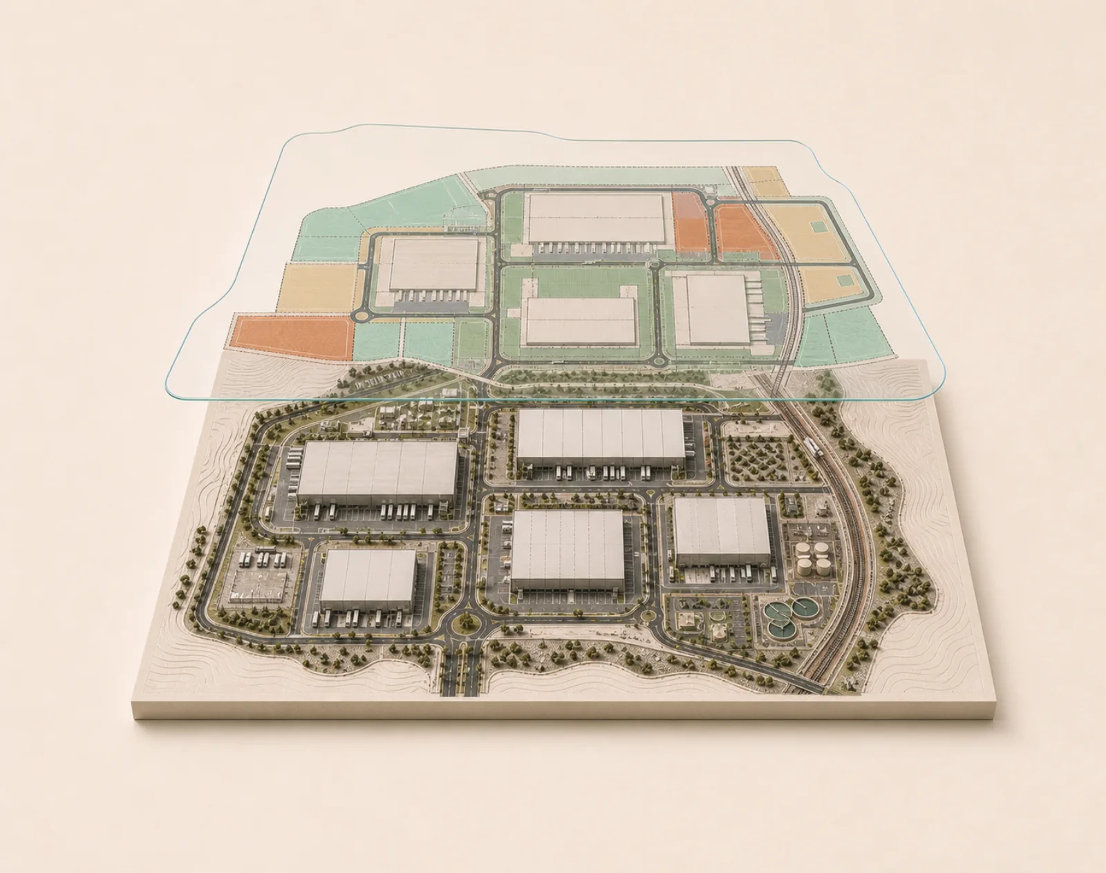 Vista aérea georreferenciada de un parque industrial con lotes disponibles y planos de futuras naves