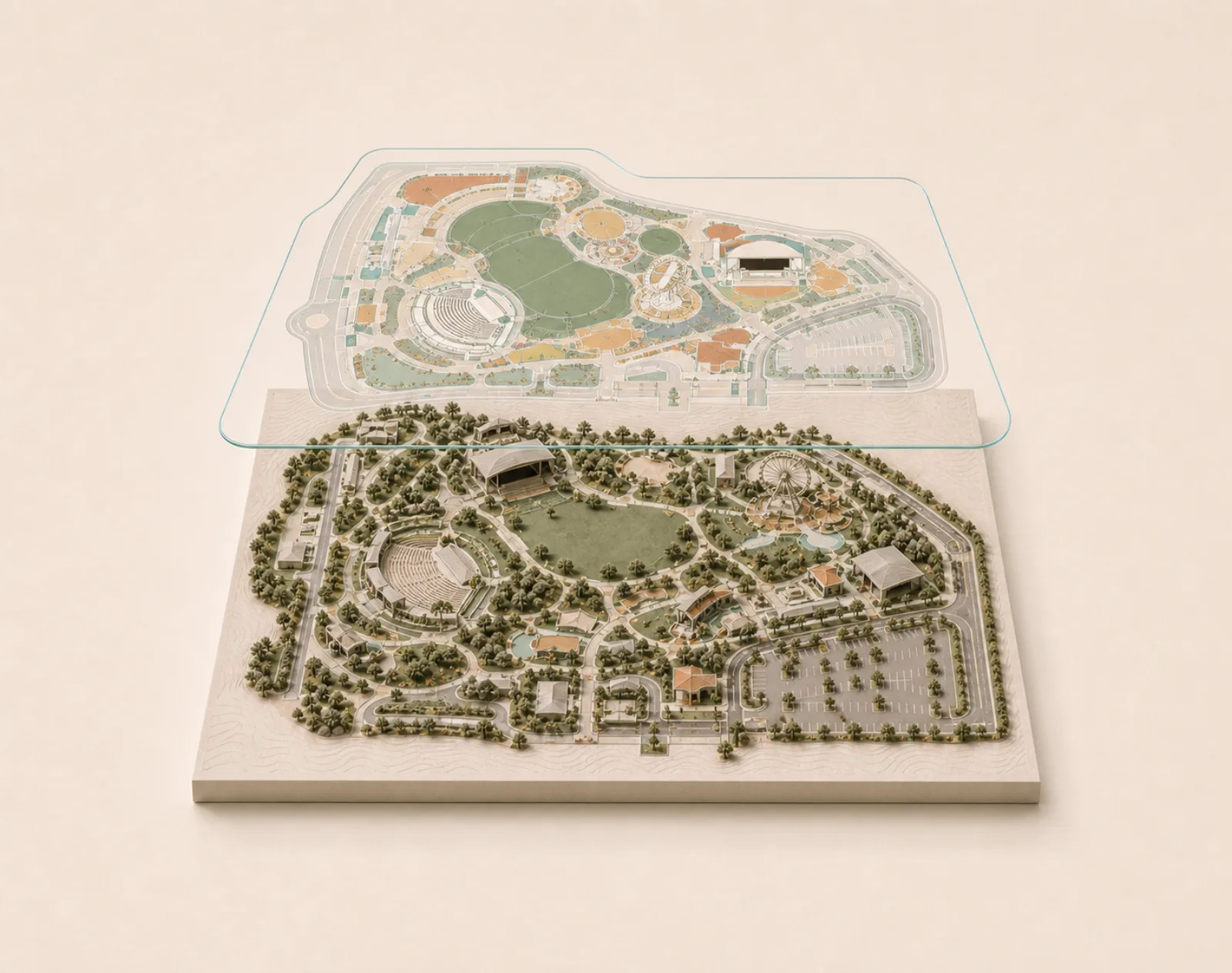 Interactive map of a park with attractions, routes and services