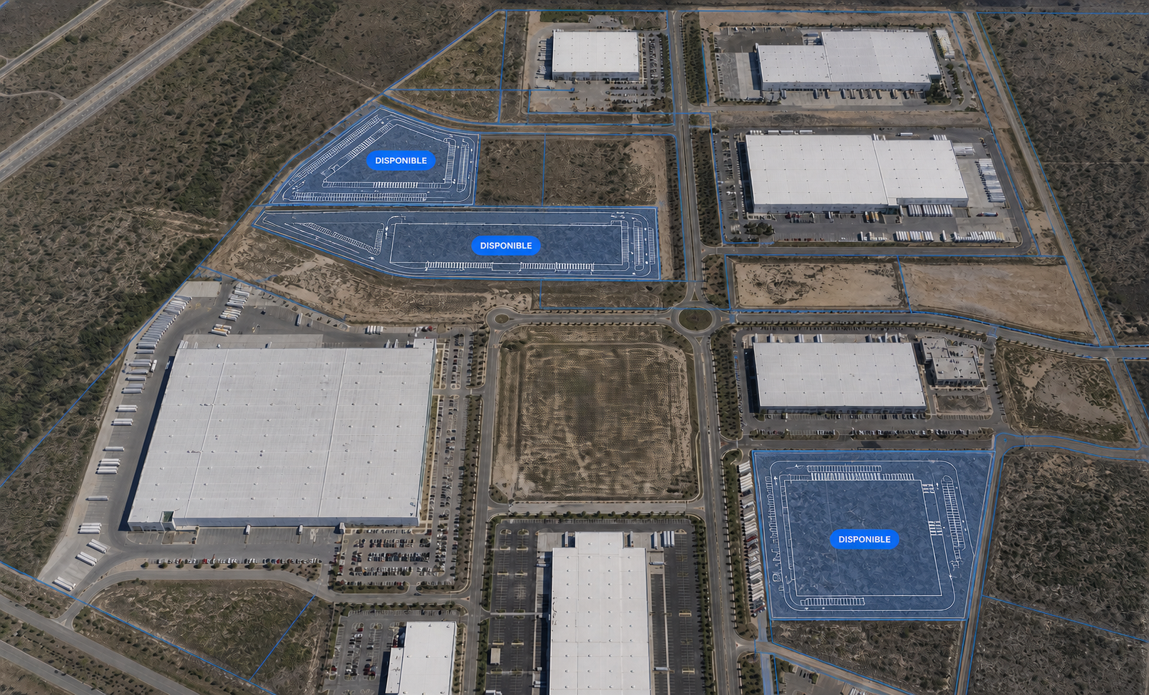 Vista aérea georreferenciada de un parque industrial con lotes disponibles y planos de futuras naves